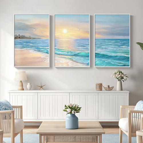 Framed Coastal Beach Wall Art for Living Room, Large 3 Piece Blue Ocean Canvas Artwork for Walls, Modern Beachy Sunrise Painting Prints for Dining Room Home Office Wall Decor, 24x36 Inch - Image 3