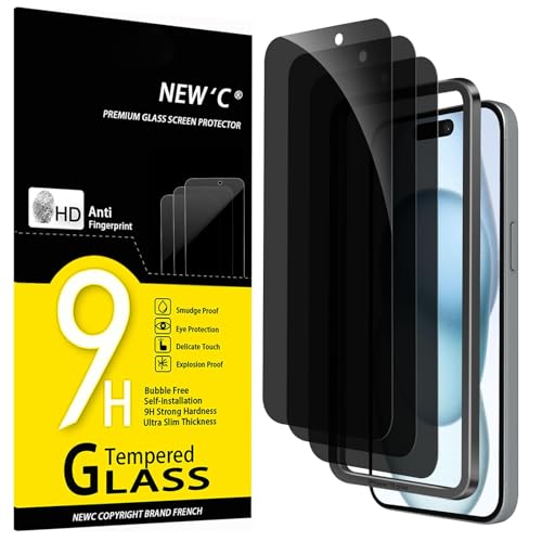 NEWC 3 Pack Privacy for iPhone 16 Plus 15 Plus Screen Protector (6.7 inches) Anti-Spy Tempered Glass Film Enhanced 28-Degree Privacy Angle with easy installation tool included