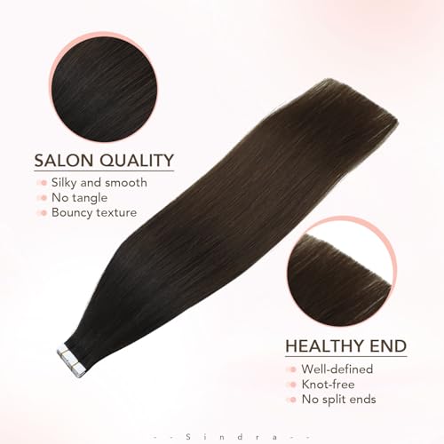 Image of Sindra Invisi Edge Tape in Hair Extensions Human Hair, 16 Inch 45g 20pcs Natural Black to Medium Brown Invisible Extensions Natural Straight Seamless Injected Tape Ins