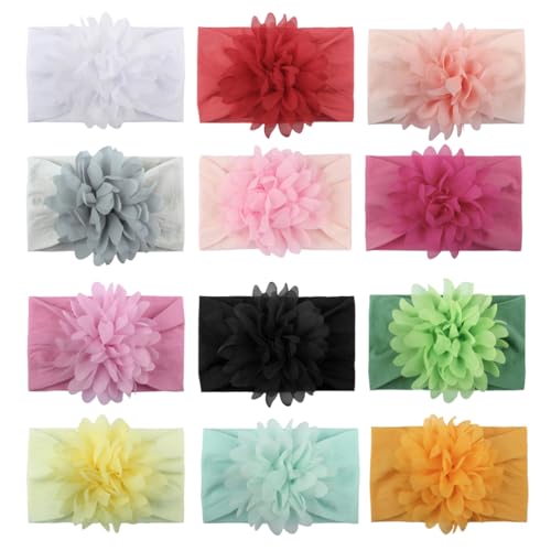 Image of SYGA PACK OF 12Headbands Nylon Flower Soft Stretchable Hairband for Newborn Infant Toddler Kids For 0-3 Year (Multicolor)