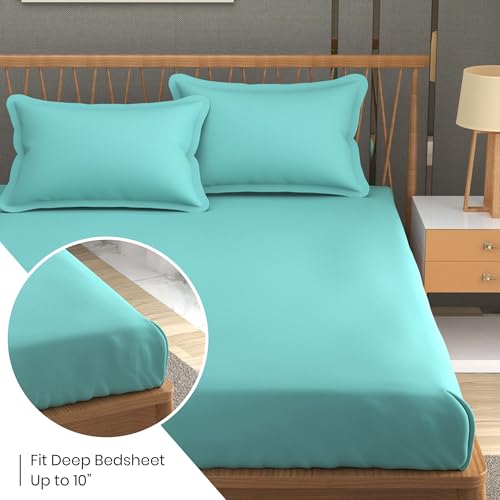 Image of FRESH FROM LOOM Microfiber Solid Plain Queen Size Bedsheet Set - Anti Fade, 240 TC bedsheets with 2 Pillow Covers Included (Size- 90 x 95 inch|Aqua| Solid)