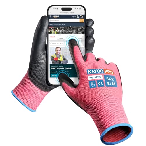 Image of KAYGO Safety Work Gloves, PU Coated, 2-Finger Touchscreen, KG11P | Breathable & Lightweight, Smooth Grip, 13-Gauge Seamless Knit, for Light Warehouse, Manufacturing, Gardening