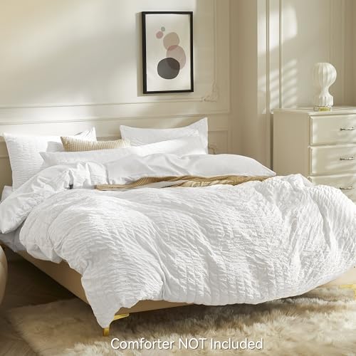 Image of JELLYMONI Bright White Duvet Cover Full Size, 3pcs Washed Microfiber Bedding Set, Soft Breathable Seersucker Duvet Cover Set with Zipper Closure and Corner Ties for All Seasons