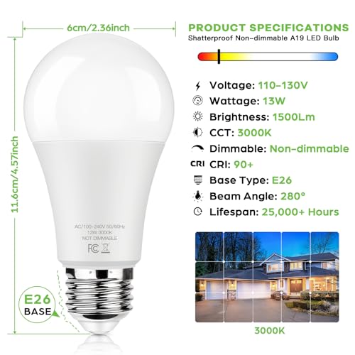 Image of LED Light Bulbs 100W Equivalent 1500 Lumens, A19 13W 3000K Soft White Non-Dimmable, Super Bright No Flicker Standard E26 Edison Screw Bulbs for Home, Bedroom, Office Lamp, 12-Pack