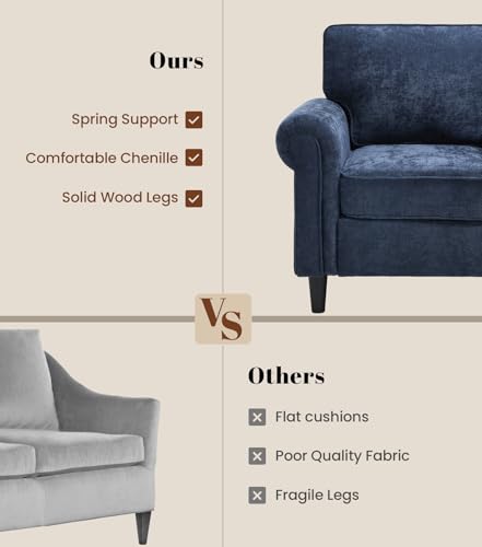 Image of Kingfun Loveseat 2 Seater Couch, Mid Century Modern Chenille Sofa with Rolled Arms and Deep Seats, Fluffy Comfort for Living Room, Apartment, Easy Assembly, Blue
