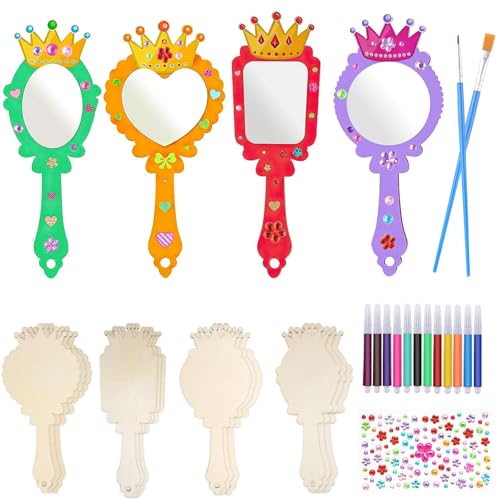 Deepton DIY Holzspiegel Handwerk, 12 Stücke Bastelset Kindergeburtstag, Spiegel Basteln Kinder, Holz Prinzessin Kosmetikspiegel, Unvollendete Handspiegel, Holzspiegel zum Bemalen (4-farbige Kronen)