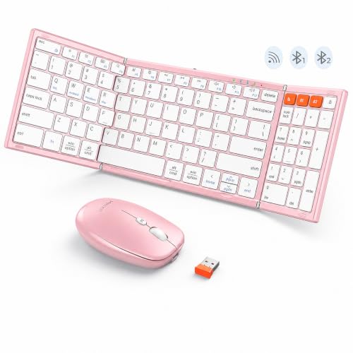 Image of MEETION Foldable Bluetooth Keyboard and Mouse, Portable Combo Pink | Slim foldable keyboard and mouse set with a soft travel pouch, rechargeable and multi-device connection for work on the go