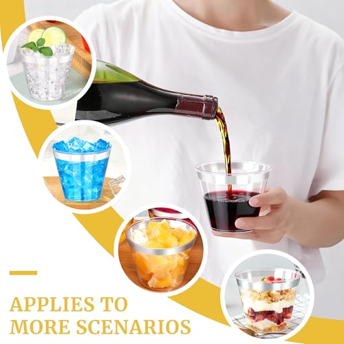 Image of 100 Pcs Silver Plastic Cups,9Oz Silver Rimmed Plastic Cups,Heavy Duty Clear Disposable Plasitc Cocktail Tumblers Wine Cup for Party,Wedding,Birthday,Christmas
