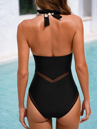 CUPSHE Women's One Piece Swimsuit Halter V Neck Self Tied Straps Bathing Suit Mesh Edge Standard Coverage2