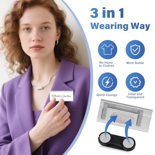 5 Stück Aluminium Namenschilder mit Starkem Doppelmagnet, Namensschilder für Kleidung Magnet mit Sicherheitsnadeln,Professionell Magnet Namensschild mit Papierschlitz,Ca. 72x 35 mm