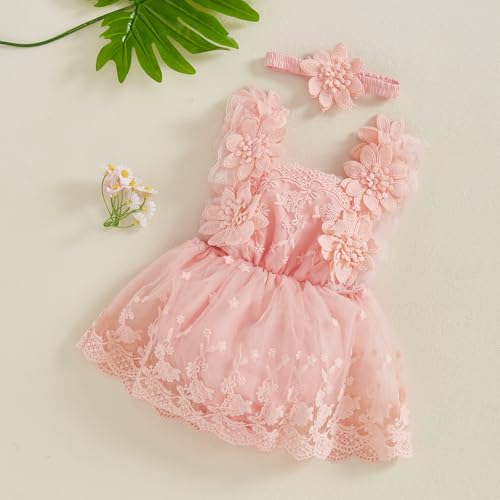 Toddler Baby Girl Summer Dress Sleeveless Lace Tulle One Piece Mesh Skirt Hem Jumpsuits with Headband4