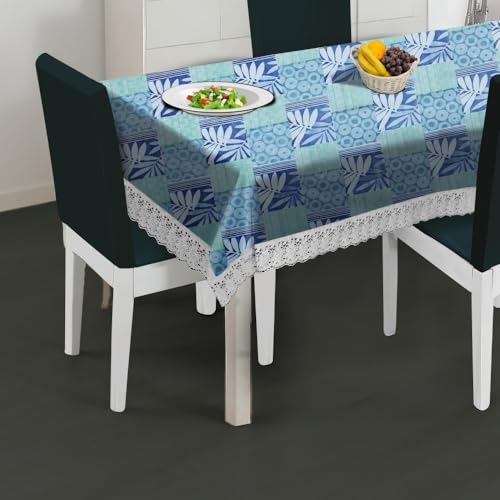 Image of The Furnishing Tree Waterproof PVC Rectangle Shaped 4 Seater Table Cover WxL 54x78 inches Surface Pattern Blue with White Border lace