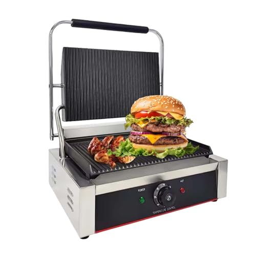 Parrilla Comercial Para SáNdwiches, Prensa Acanalada Sandwichera Industrial, Parrilla EléCtrica De Sobremesa Plegable 180° Para Interiores, Con Mango FríO, 50 °C–300 °C,14'x9'Grooved