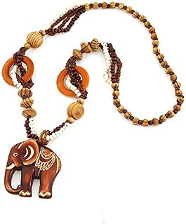 SwirlColor Fashion Bohemian Vintage Ethnic Wood Bead Resin Elephant Pendant Long Sweater Chain Necklaces & Pendants for Women