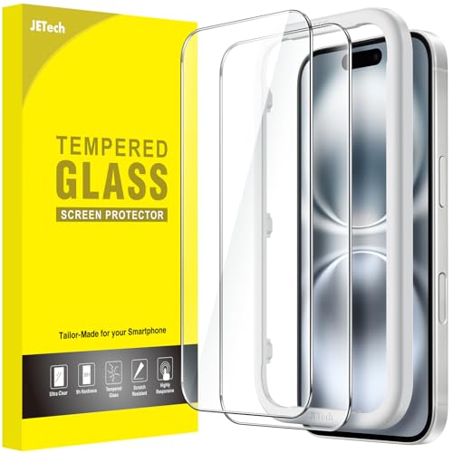 JETech Protection D'écran pour iPhone 16 6,1 Pouces, Film en Verre Trempé avec Outil d'Installation Facile, Compatible Coque, Transparent HD, Lot de 2