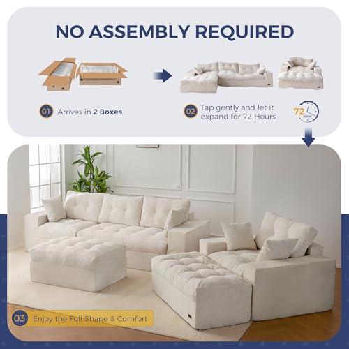 Image of MAXYOYO Sectional Sofa Couch and Chaise Lounge, L Shaped Modern Cloud Couch with Ottoman, Comfy Sofa with Layered Cushion, Tufted Upholstered Sleeper Chair for Living Room, No Assembly Required, Beige