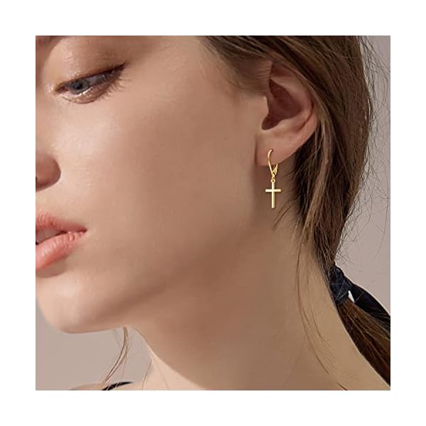 KECHO 14k Solid Gold Cross Earrings for Women Heart Leverback Dangle Drop Earrings Jewelry Birthday Gifts for Her - Image 3
