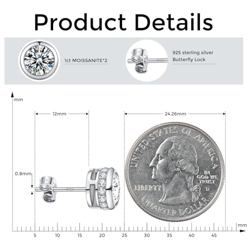 Moissanite Stud Earrings for Men, 2CT Lab Created 925 Sterling Silver Earring with Bezel Setting, Hypoallergenic Round Cut D Color VVS1 Studs with Hidden Halo Design, Jewelry Gift for Birthday3