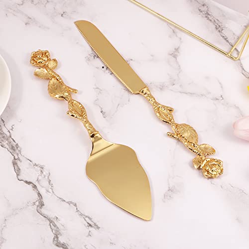 US 2Pcs Cake Cutting Set Gold Elegant Cake Cutter and Server Set Zinc Alloy Cake Pie Serving Set Retro Cake Pie Pastry Servers for Wedding Birthday Party(rose,golden)
