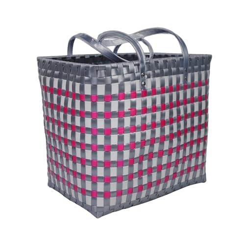 Image of Hand Made Multipurpose Plastic Basket with Lid | Eco-Friendly, Washable, Rust-Free Storage Basket for Kitchen, Picnic, Toys, Travel, Office | Lightweight basket (Pink with Grey, M)