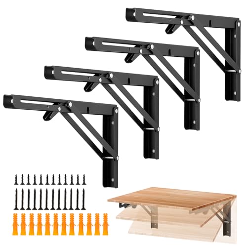 Image of Ravinte 4 Pack 12 Inch Folding Shelf Brackets - Matte Black, Heavy Duty Collapsible Brackets for Tables and Benches - Space-Saving Design