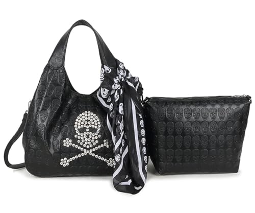 XXGJOALD-Womens Skull Print Hobo Tote PU Leather Shoulder Bag Punk Handbag and purses 2 sets