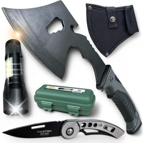 Kit Tático Machadinho de Aço, Lanterna Tática e Canivete Dobrável - Equipamento Completo para Sobrev