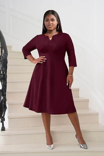 Image of Nmoder Women's Plus Size Stretchy Flared Wrap Dress Casual Wedding Guest Midi Dresses V Neck 3 /4 Sleeve A-Line Swing Dress