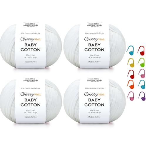 Image of Baby Cotton Blend Yarn - Soft Sport Weight Yarn for Crochet & Amigurumi - 50g /180yds - 60% Cotton 40% Acrylic - Ideal for Baby & Knitting Proj. & 10 Stitch Markers(White, 4 Balls)