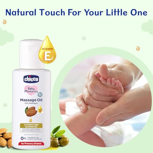 Image of Chicco Baby Moments Massage Oil, New Advanced Non-sticky & Moisturizing Formula with Natural Ingredients to Prevent Dryness, Suitable for Baby's Skin, Hair & Scalp, No Phenoxyethanol & Parabens (100ml)