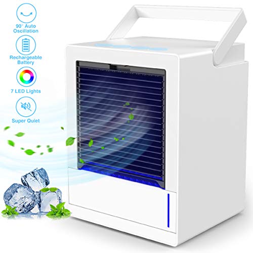 infray Portable Air Cooler, 5000mAh USB Rechargeable Personal Air Conditioner 3 Speeds Space Cooler, 3 in 1 Mini 90° Auto Oscillating Evaporative Cooler, Humidifier, Purifier with 7 Colors LED Light