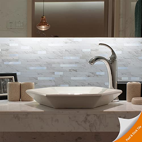 DIH Peel and Stick Backsplash White Marble Tile, Self-Adhesive PVC and Silver Metal Tile for Kitchen Backplash and Stair Riser Decor in Volakas Linear (11.51’’ x 11.81’’, 5 Sheets, 4.68 sqft)