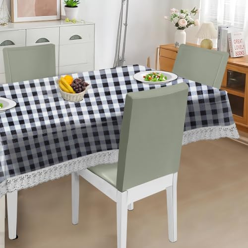 Image of The Furnishing Tree Waterproof PVC Rectangle Shaped 10 Seater Table Cover WxL 60x120 inches Gingham Pattern Black & White with White Border lace