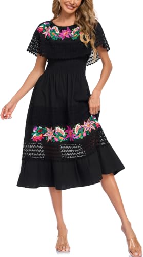 Image of YZXDORWJ Women Embroidered Mexican Peasant Casual Sexy Lace Off-Shoulder Long Dress