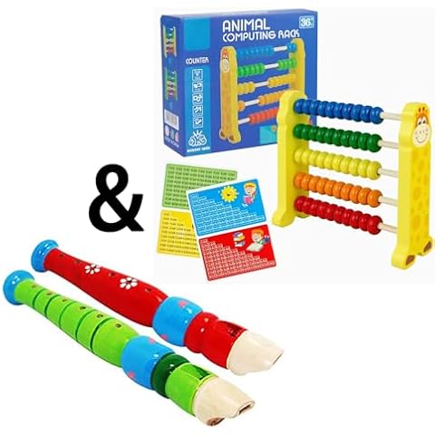 Sealive Wooden Counting Toy - 50 Beads Abacus for Kids Math & 2 pcs Small Wooden Recorders Cover