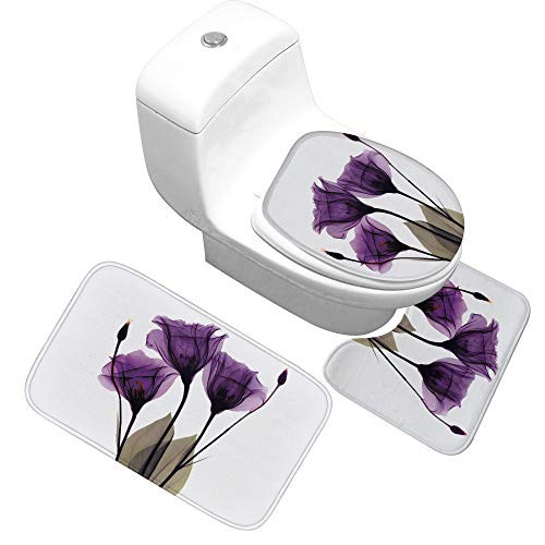 GRGFG Badematten Set,Badematten Teppich-Set 3-Teilig Lila Glasblume 3D-Druck rutschfeste Badematten Weiche Mikrofaser…
