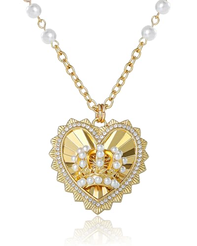 Juicy Couture Logo Crown Heart Necklace for Women, 20"+2" Gold-Tone with Crystals and Faux Pearls