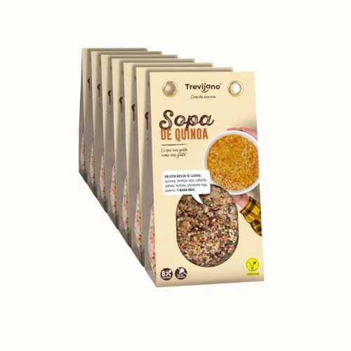 Sopa de Quinoa Trevijano: 7 bolsas de 100g cada una. Cada bolsa contiene 8 raciones de sopa con quinoa real, lenteja roja, cebolla, patata, tomate deshidratado, pimiento rojo, puerro
