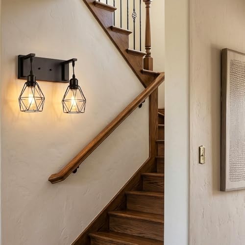Image of Somniferous Farmhouse Bathroom Light Fixtures, 2 Light Bathroom Vanity Light Over Mirror, Black Bathroom Light with Caged Metal Shade, Rustic Wall Sconce for Bedroom, Living Room, Hallway, E26 Socket