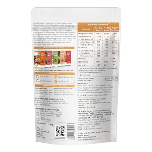 Image of GAIA Nutty Delight Crunchy Muesli - A Perfect Blend of Multigrains, Nuts, Oats and Cornflakes The Ultimate Healthy and Delicious Breakfast Cereals. (750 GM)