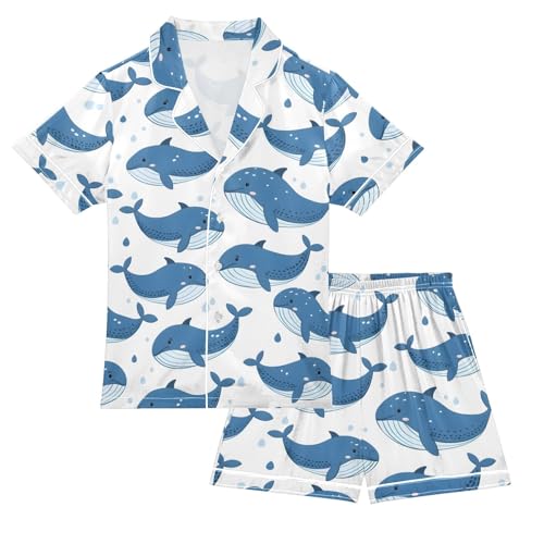 ALAZA Cartoon Whale Water Fish Satin Pajamas Set Short Sleeve Button Down Sleepwear Summer Pjs 2 Piece