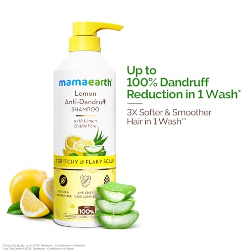 Image of Mamaearth Lemon Anti-Dandruff Shampoo with Lemon, ZPTO, Climbazole, Aloe Vera for Itchy & Flaky Scalp | Upto 100% Dandruff Reduction & 3X Softer Hair in 1 Wash | Soothes Scalp | Reduces Frizz | 600 ml