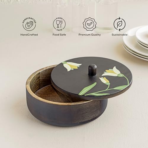 Image of Aurum Crafts Mirra Mango Wood Roti Box 8x8 Inch | Handpainted Wooden Chapati Box with Floral Lid | Wooden Casserole for Kitchen Storage, Dining Table & Serving