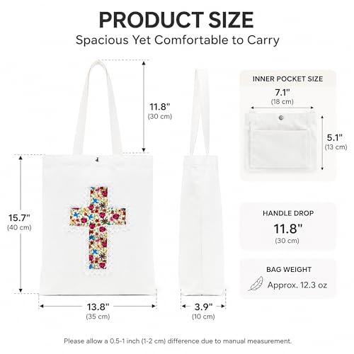 Image of Christian Tote Bag Gift for Women, Canvas Bible Bag Handmade Floral Cross | Christian faith-inspired gift, handcrafted cross with lace, inner pocket, snap closure, bottom gusset, church Bible study use