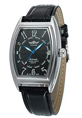 MASTOP Rectangle Watch Automatic Mechanical Waterproof Watch Black Leather with Stainless Steel Watches for Men (Black)