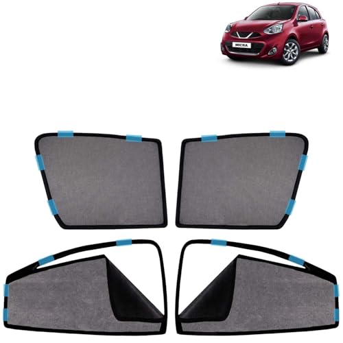 Image of KINGSWAY Car Sun Shade Curtains Only Compatible with Nissan Micra (2010 to 2020) | Front Window in Half Cut and Rear in Zipper (Magnetic) | UV & Heat Protection | Pack of 4 Pcs