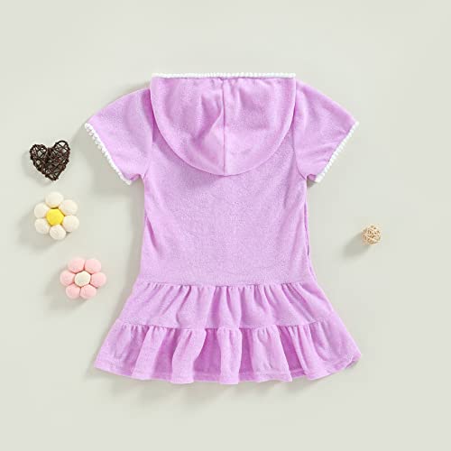 Image of Girls Terry Cloth Swim Cover Up Zip Up Hooded Bathing Suit Coverup Wraps Rufled Kids Pool Beach Robe Cover-Up Dress