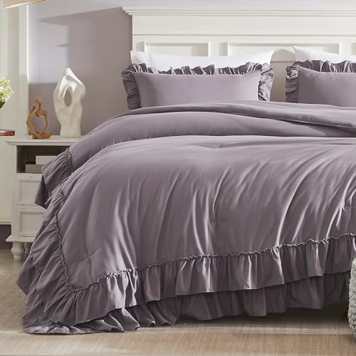 Image of Cupocupa Purple Ruffle King Size Comforter Set, Shabby Chic Boho Bedding Comforter Sets, Fluffy Cozy Bedding Comforters & Sets for All Season, 3PCS Lightweight Farmhouse Rustic Bedding Sets