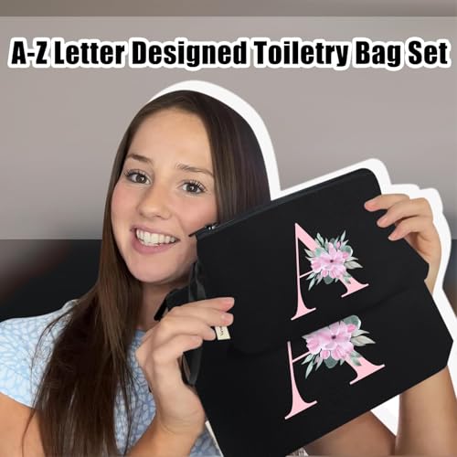 Image of Vavabox A-Z Personalized Makeup Bag, Birthday Gifts for Women Mom, Gifts for Best Friend, Bride Bridesmaid Cosmetic bag (A, 04-Black Set)