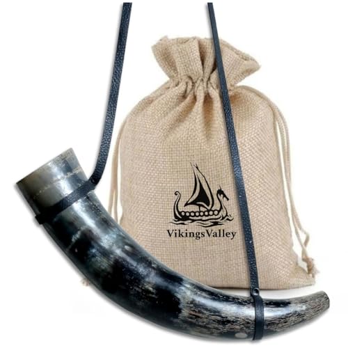 Viking War Blowing Horn 15 Inch Genuine Ox Horn Battle Trumpet with Leather Strap Hand Engraved Norse Medieval Blow Horn Loud Sound for LARP Cosplay Renaissance Faire Home Decor & Gift